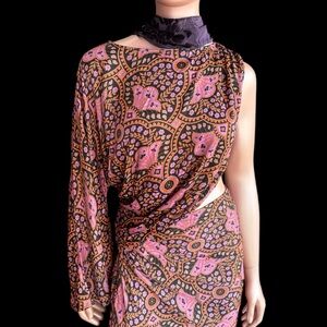 Jen's Pirate Booty Dress one shoulder maxi Pink Orange black Patterned XS S NWT